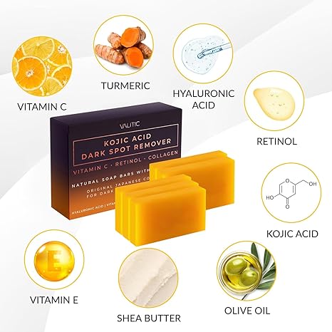 VALITIC Kojic Acid Dark Spot Remover Soap Bars with Vitamin C, Retinol, Collagen, Turmeric - Original Japanese Complex Infused with Hyaluronic Acid, Vitamin E, Shea Butter, Castile Olive Oil (2 Pack) - Image 3