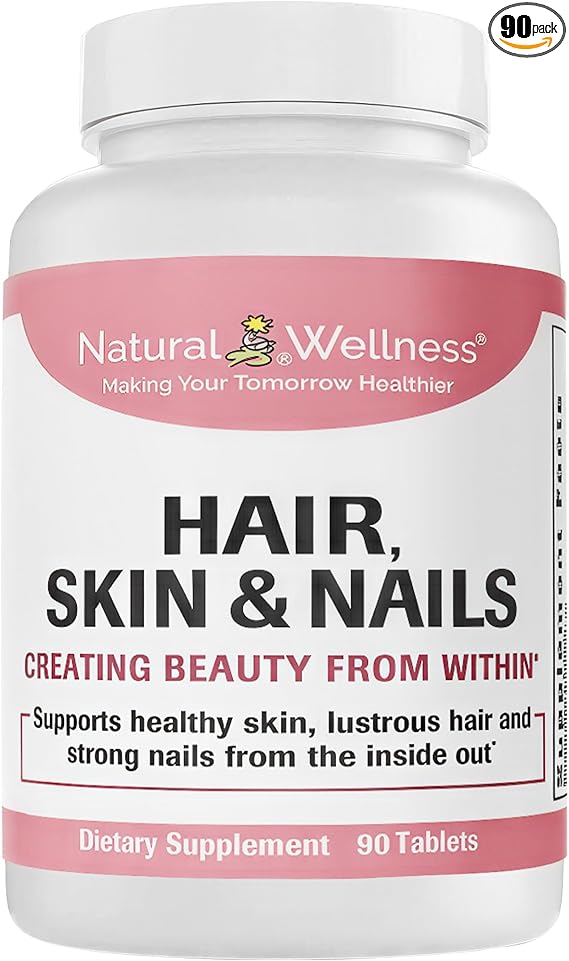 Natural Wellness Hair, Skin & Nails – Supports Hair Growth, Strong Nails, and Radiant Skin – 90 Tablets, 1-Month Supply